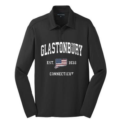 Glastonbury Connecticut Ct Vintage American Flag Design Silk Touch Performance Long Sleeve Polo