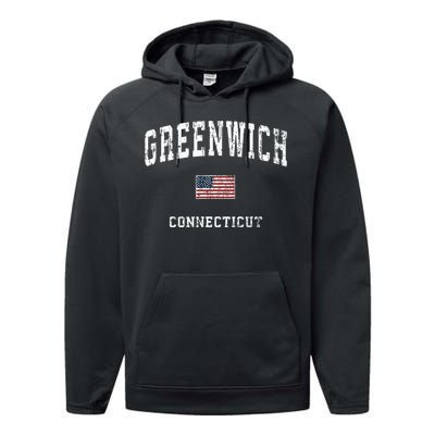 Greenwich Connecticut Ct Vintage American Flag Sports Design Performance Fleece Hoodie