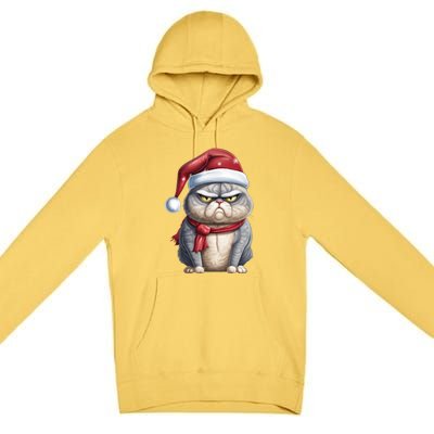 Grumpy Christmas Cat Santa Hat Premium Pullover Hoodie