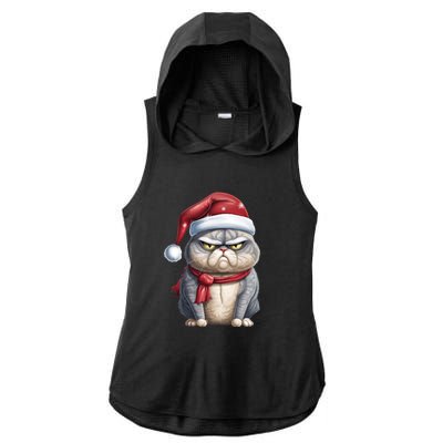 Grumpy Christmas Cat Santa Hat Ladies PosiCharge Tri-Blend Wicking Draft Hoodie Tank