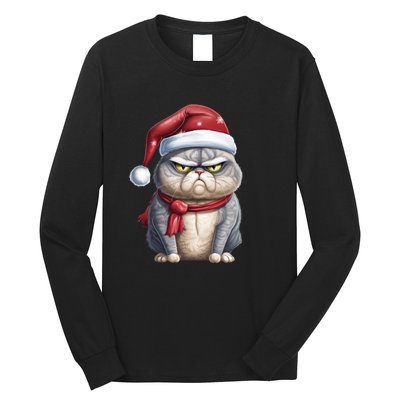 Grumpy Christmas Cat Santa Hat Long Sleeve Shirt