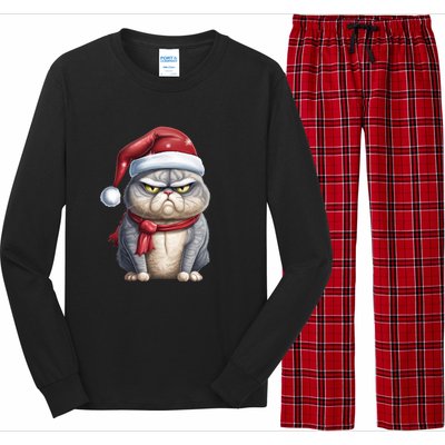 Grumpy Christmas Cat Santa Hat Long Sleeve Pajama Set