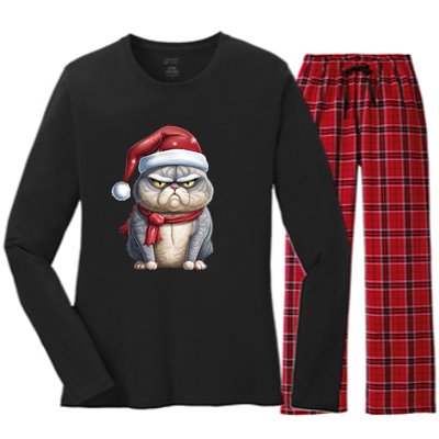 Grumpy Christmas Cat Santa Hat Women's Long Sleeve Flannel Pajama Set 