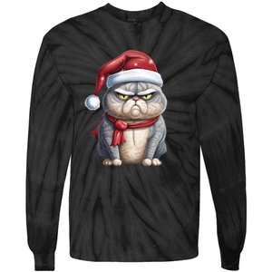 Grumpy Christmas Cat Santa Hat Tie-Dye Long Sleeve Shirt