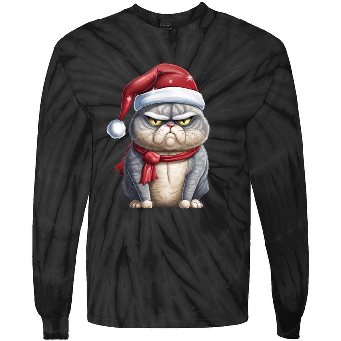 Grumpy Christmas Cat Santa Hat Tie-Dye Long Sleeve Shirt