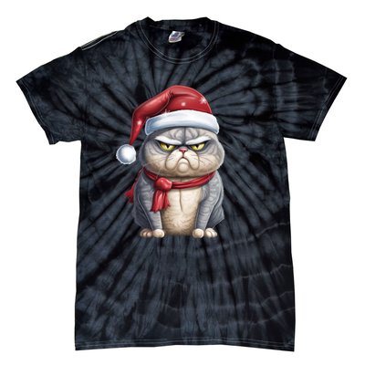 Grumpy Christmas Cat Santa Hat Tie-Dye T-Shirt