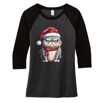 Grumpy Christmas Cat Santa Hat Women's Tri-Blend 3/4-Sleeve Raglan Shirt