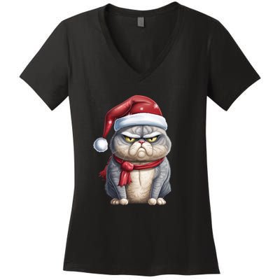 Grumpy Christmas Cat Santa Hat Women's V-Neck T-Shirt