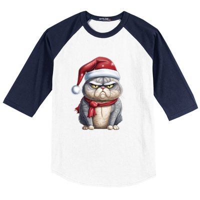 Grumpy Christmas Cat Santa Hat Baseball Sleeve Shirt