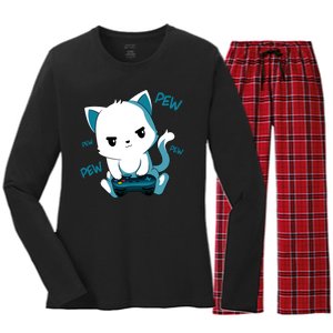 Gaming Cute Cat Gamer Kitty Women's Long Sleeve Flannel Pajama Set 