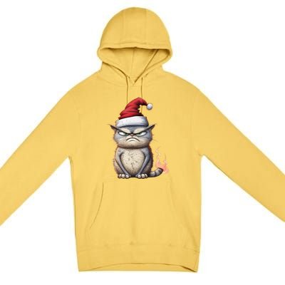 Grumpy Christmas Cat Santa Hat Premium Pullover Hoodie