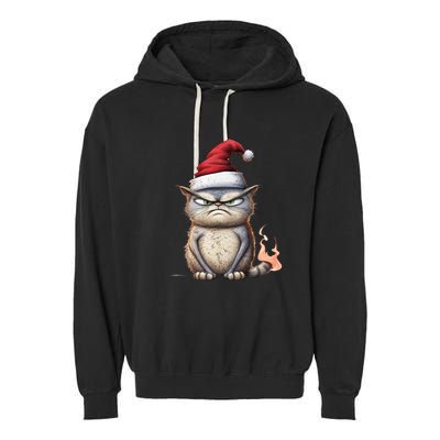 Grumpy Christmas Cat Santa Hat Garment-Dyed Fleece Hoodie