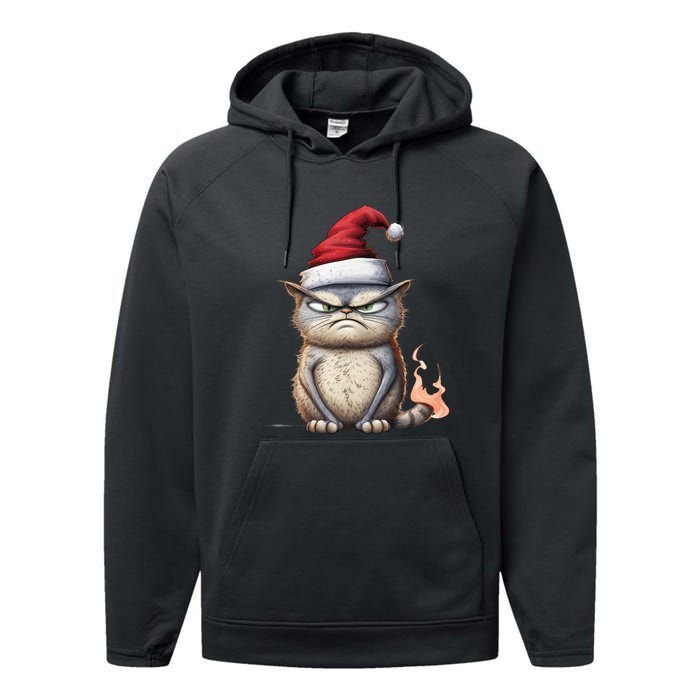 Grumpy Christmas Cat Santa Hat Performance Fleece Hoodie