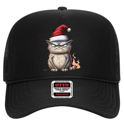 Grumpy Christmas Cat Santa Hat High Crown Mesh Back Trucker Hat