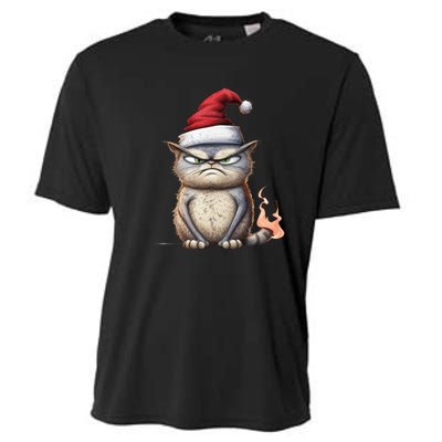 Grumpy Christmas Cat Santa Hat Cooling Performance Crew T-Shirt