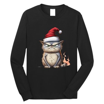 Grumpy Christmas Cat Santa Hat Long Sleeve Shirt