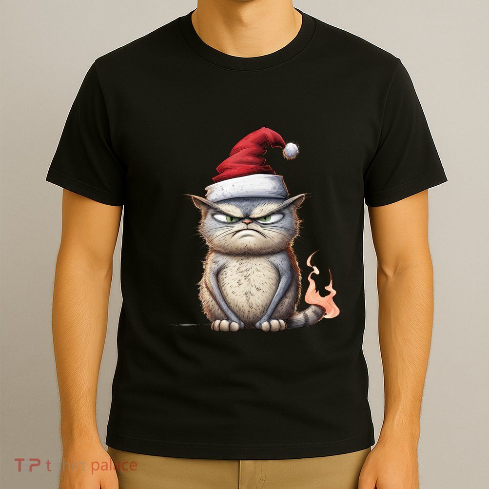 Grumpy Christmas Cat Santa Hat T-Shirt