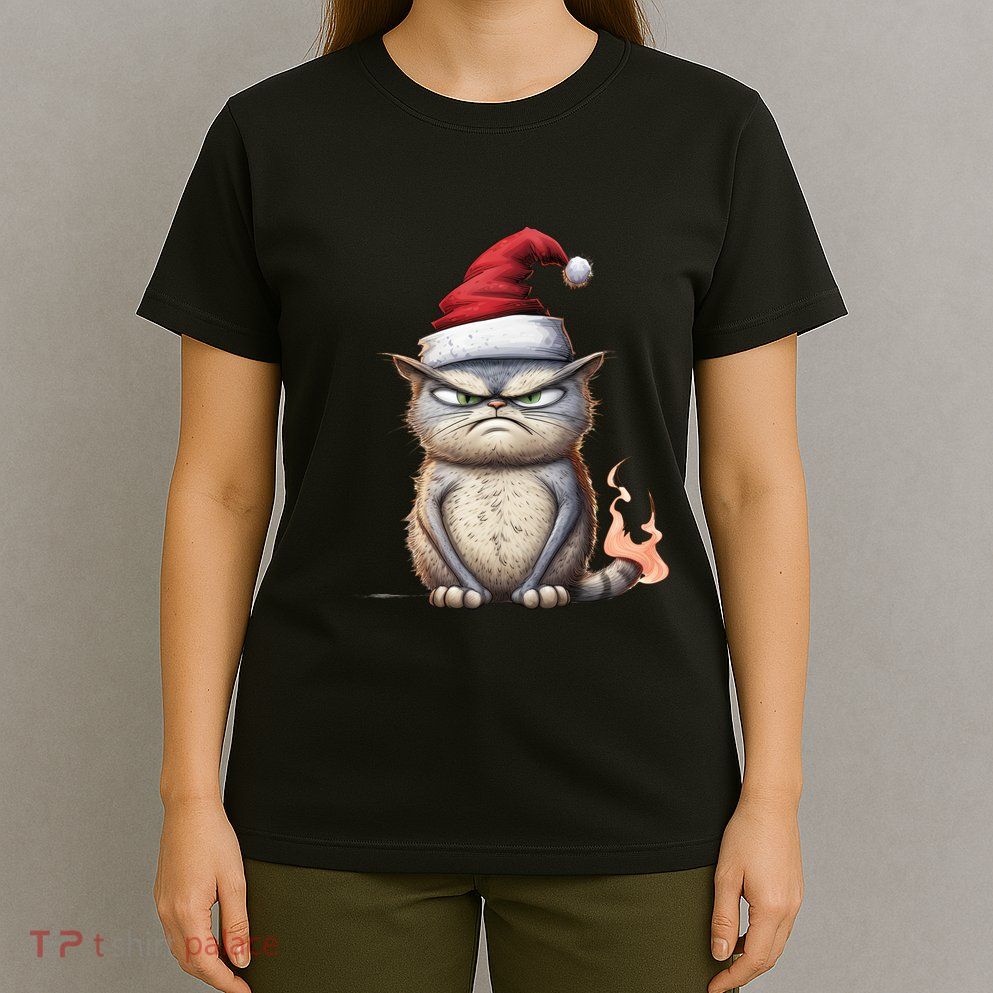 Grumpy Christmas Cat Santa Hat T-Shirt