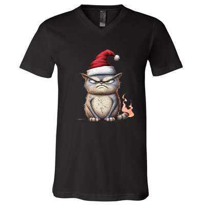 Grumpy Christmas Cat Santa Hat V-Neck T-Shirt