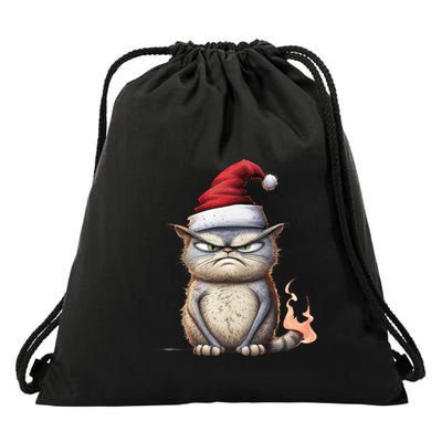 Grumpy Christmas Cat Santa Hat Drawstring Bag