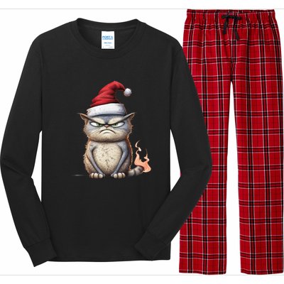 Grumpy Christmas Cat Santa Hat Long Sleeve Pajama Set