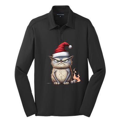 Grumpy Christmas Cat Santa Hat Silk Touch Performance Long Sleeve Polo