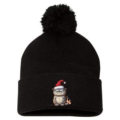 Grumpy Christmas Cat Santa Hat Pom Pom 12in Knit Beanie