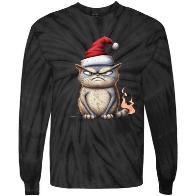 Grumpy Christmas Cat Santa Hat Tie-Dye Long Sleeve Shirt