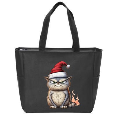 Grumpy Christmas Cat Santa Hat Zip Tote Bag
