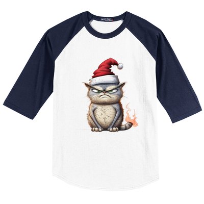 Grumpy Christmas Cat Santa Hat Baseball Sleeve Shirt