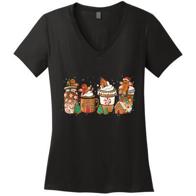 Gingerbread Cookie Christmas Coffee Cups Latte Drink Outfit Women's V-Neck T-Shirt