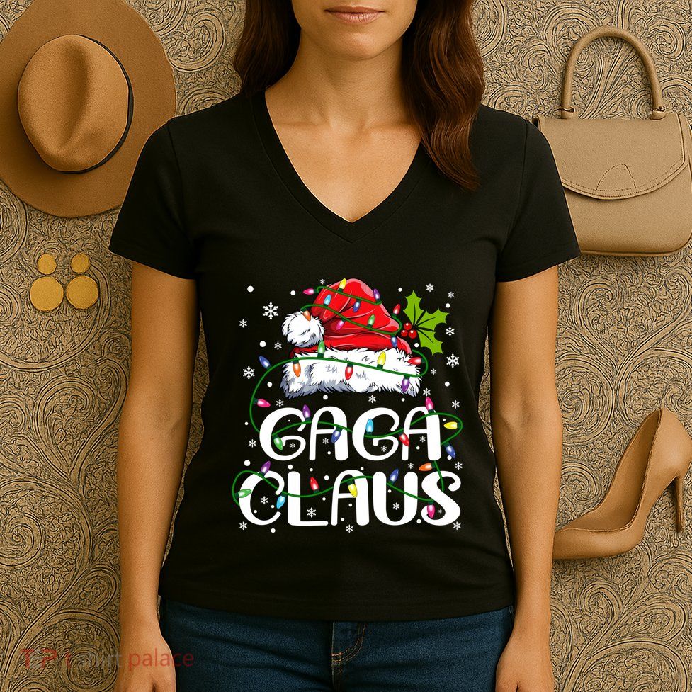 Gaga Claus Christmas Lights Pajama Family Matching Women's V-Neck T-Shirt