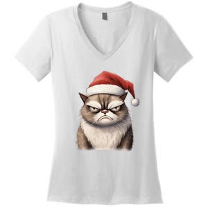 Grumpy Christmas Cat Santa Hat Women's V-Neck T-Shirt