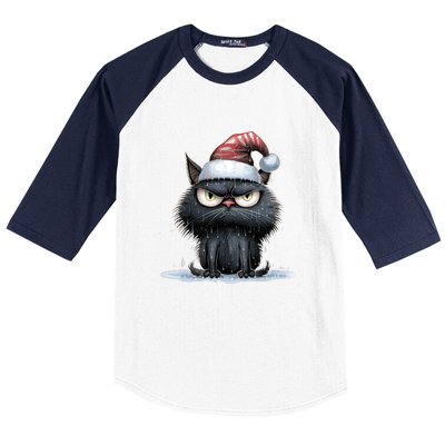 Grumpy Christmas Cat Santa Hat Baseball Sleeve Shirt