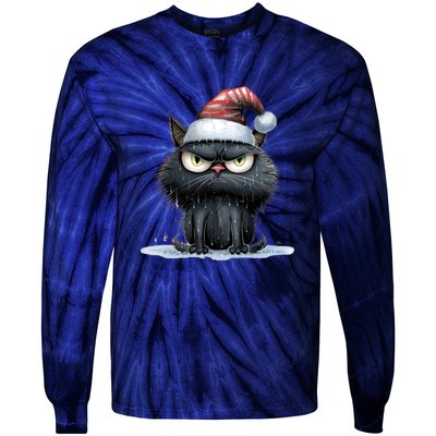 Grumpy Christmas Cat Santa Hat Tie-Dye Long Sleeve Shirt