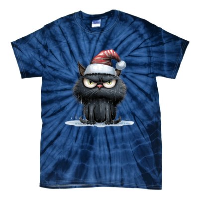 Grumpy Christmas Cat Santa Hat Tie-Dye T-Shirt