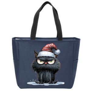 Grumpy Christmas Cat Santa Hat Zip Tote Bag