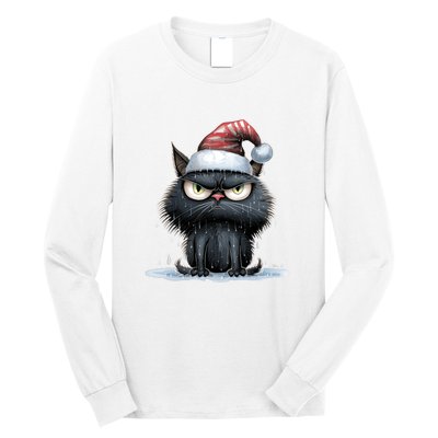 Grumpy Christmas Cat Santa Hat Long Sleeve Shirt