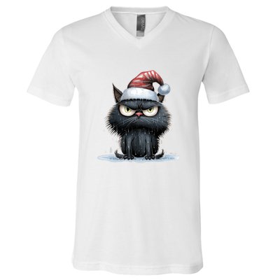 Grumpy Christmas Cat Santa Hat V-Neck T-Shirt