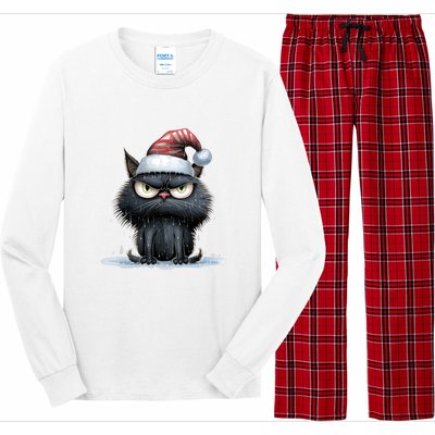 Grumpy Christmas Cat Santa Hat Long Sleeve Pajama Set