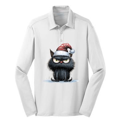 Grumpy Christmas Cat Santa Hat Silk Touch Performance Long Sleeve Polo