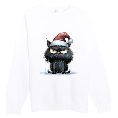 Grumpy Christmas Cat Santa Hat Premium Crewneck Sweatshirt