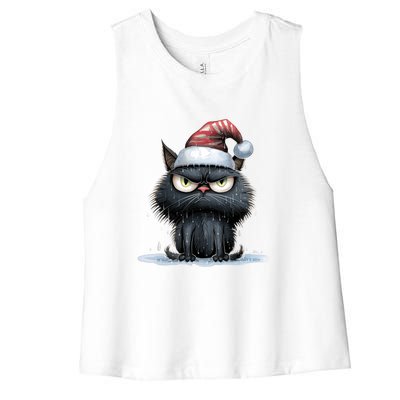 Grumpy Christmas Cat Santa Hat Women's Racerback Cropped Tank