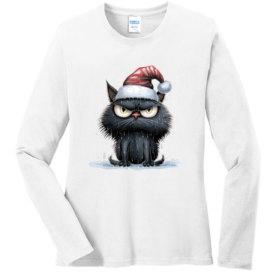 Grumpy Christmas Cat Santa Hat Ladies Long Sleeve Shirt