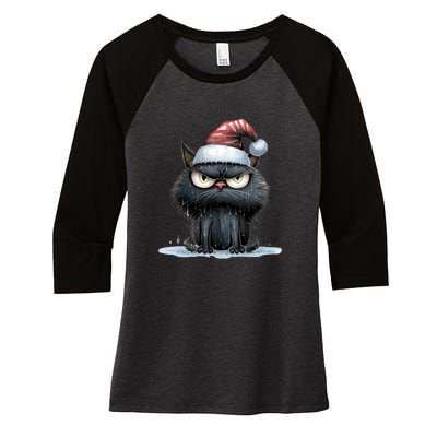 Grumpy Christmas Cat Santa Hat Women's Tri-Blend 3/4-Sleeve Raglan Shirt