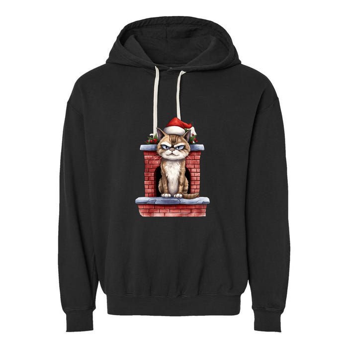 Grumpy Christmas Cat Chimney Garment-Dyed Fleece Hoodie