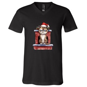 Grumpy Christmas Cat Chimney V-Neck T-Shirt