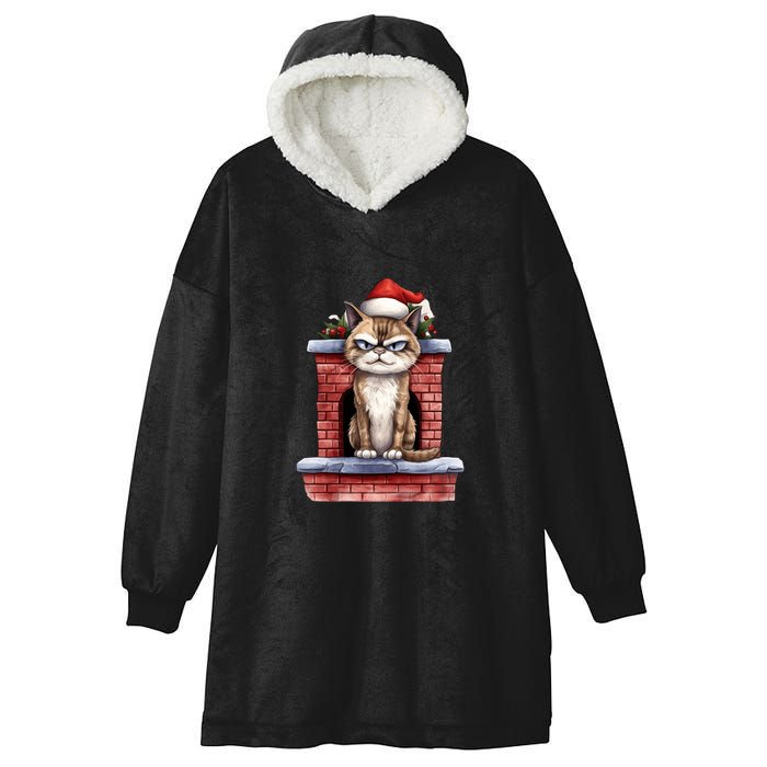Grumpy Christmas Cat Chimney Hooded Wearable Blanket