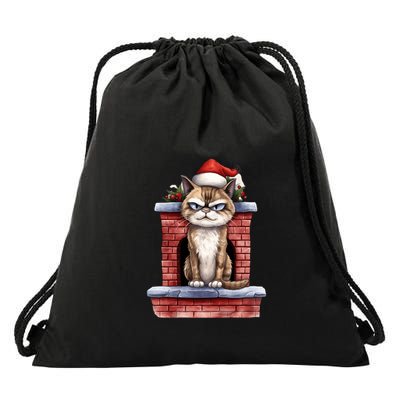 Grumpy Christmas Cat Chimney Drawstring Bag