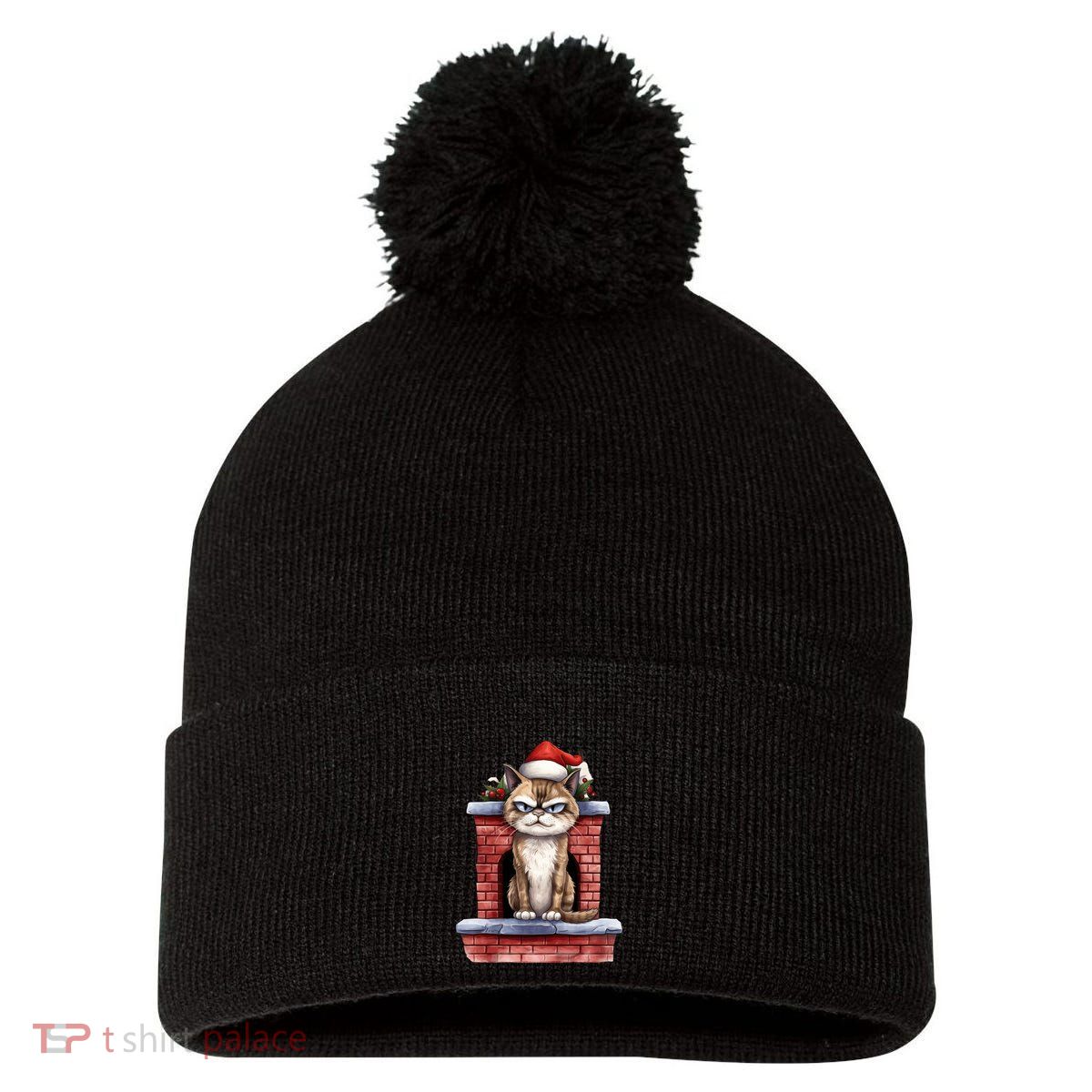 Grumpy Christmas Cat Chimney Pom Pom 12in Knit Beanie